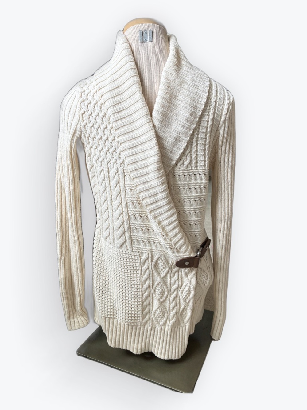 Lauren Ralph Lauren Wrap Cardigan Shawl Collar Buckle Cream Cable Knit Sweater